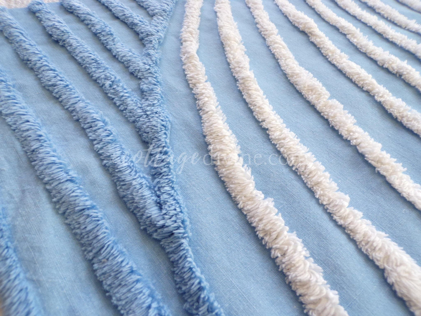 Beach Cottage Blue & White Vintage Chenille Fabric Piece, 19" x 29" inches, Ideal in Quilts and Pillows