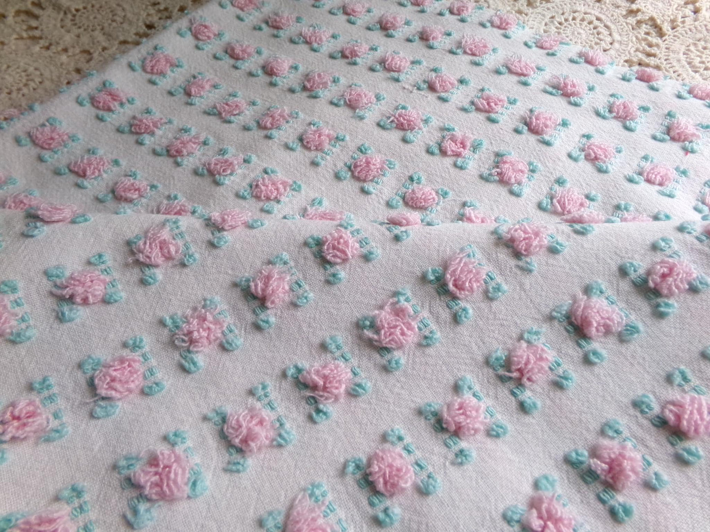 favorite pink rosebud vintage chenille fabric, cottage style sewing & quilt material, 18" x 24" inch piece