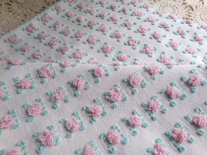 favorite pink rosebud vintage chenille fabric, cottage style sewing & quilt material, 18" x 24" inch piece