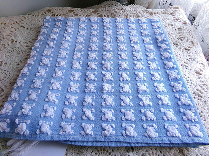 Deeply Serene Blue & White Rosebud Vintage Chenille Fabric, Heirloom Quality Material for Quilts, Pillows, 24" x 20" inch Piece