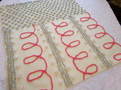 doodles & dots vintage chenille fabric, red loops w/ grep pops on buttery yellow, 20" x 24" cut piece