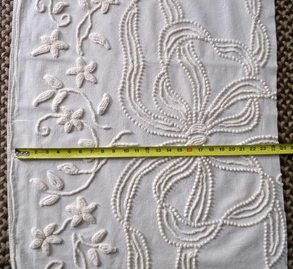 Exquisite Heirloom Vintage Chenille Fabric Piece, Large Bow & Lily Flowers in Antique Cream, 23" x 37" inch piece, lovely for a wall hanging