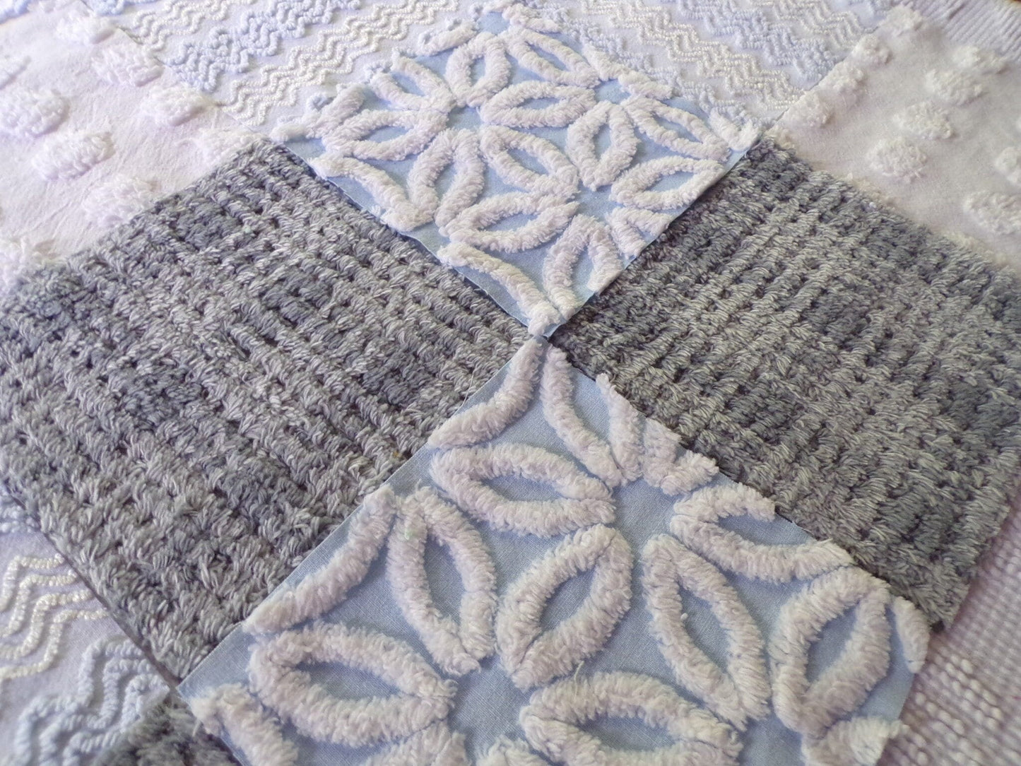 winter storm chenille fabric squares, 16 vintage 6" x 6" quilt blocks in cool blue & modern grey geometric for sewing, crafts, fiber arts