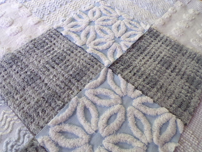 winter storm chenille fabric squares, 16 vintage 6" x 6" quilt blocks in cool blue & modern grey geometric for sewing, crafts, fiber arts