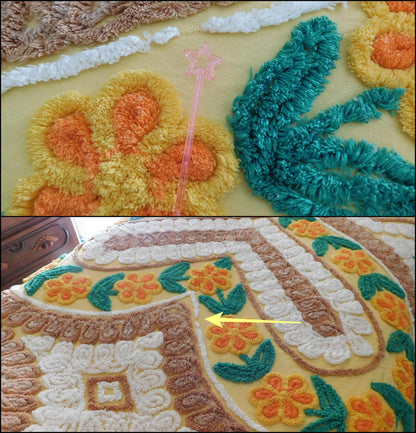 Midcentury Vintage Chenille Bedspread, Sunrise Yellow Gold Hearts & Flowers, Full Size Bedding