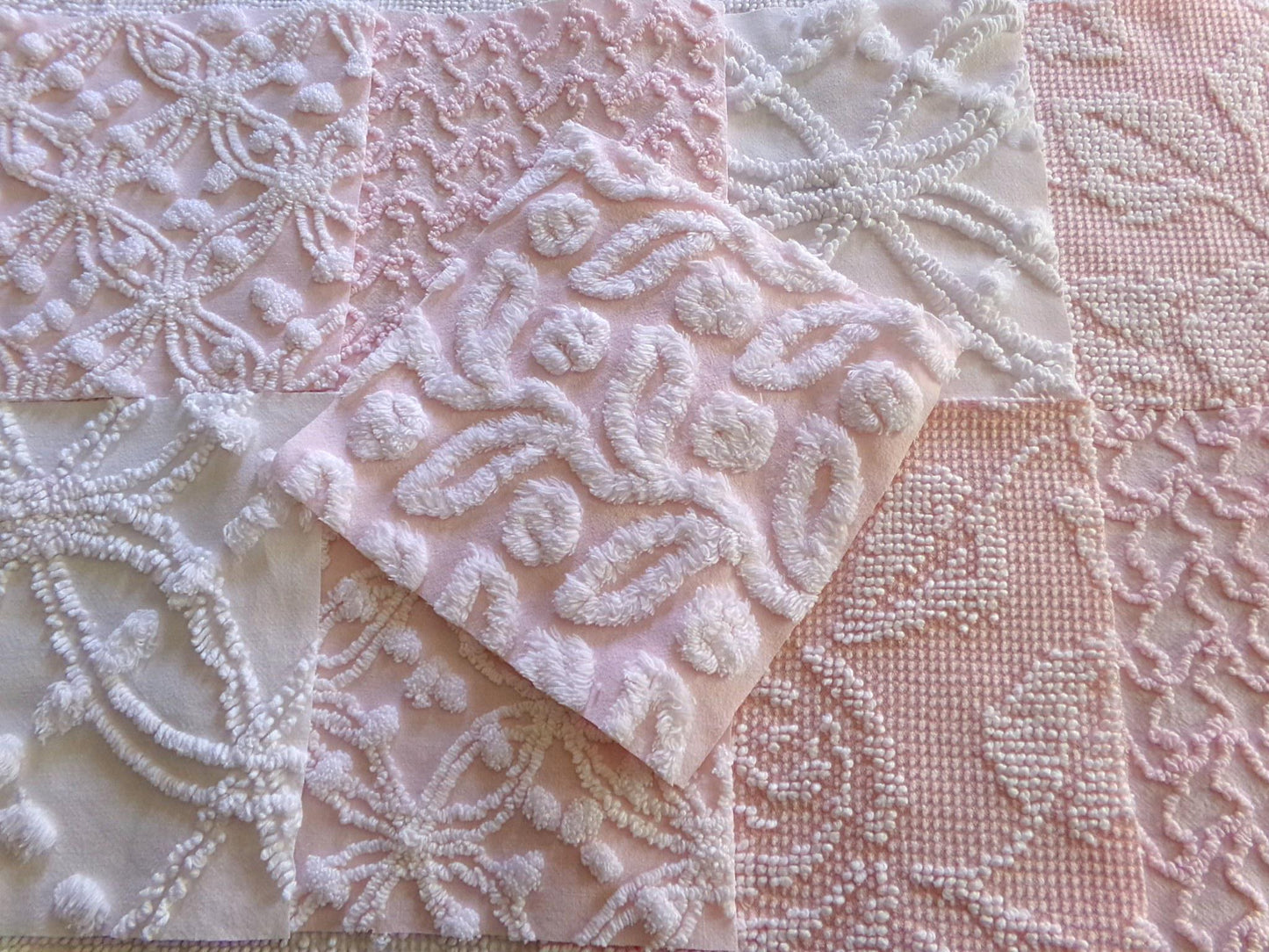 vintage chenille fabric squares in classic feminine pink & white textures, 7.5" vintage fabric blocks, set of 9 for sewing, crafts, quilts