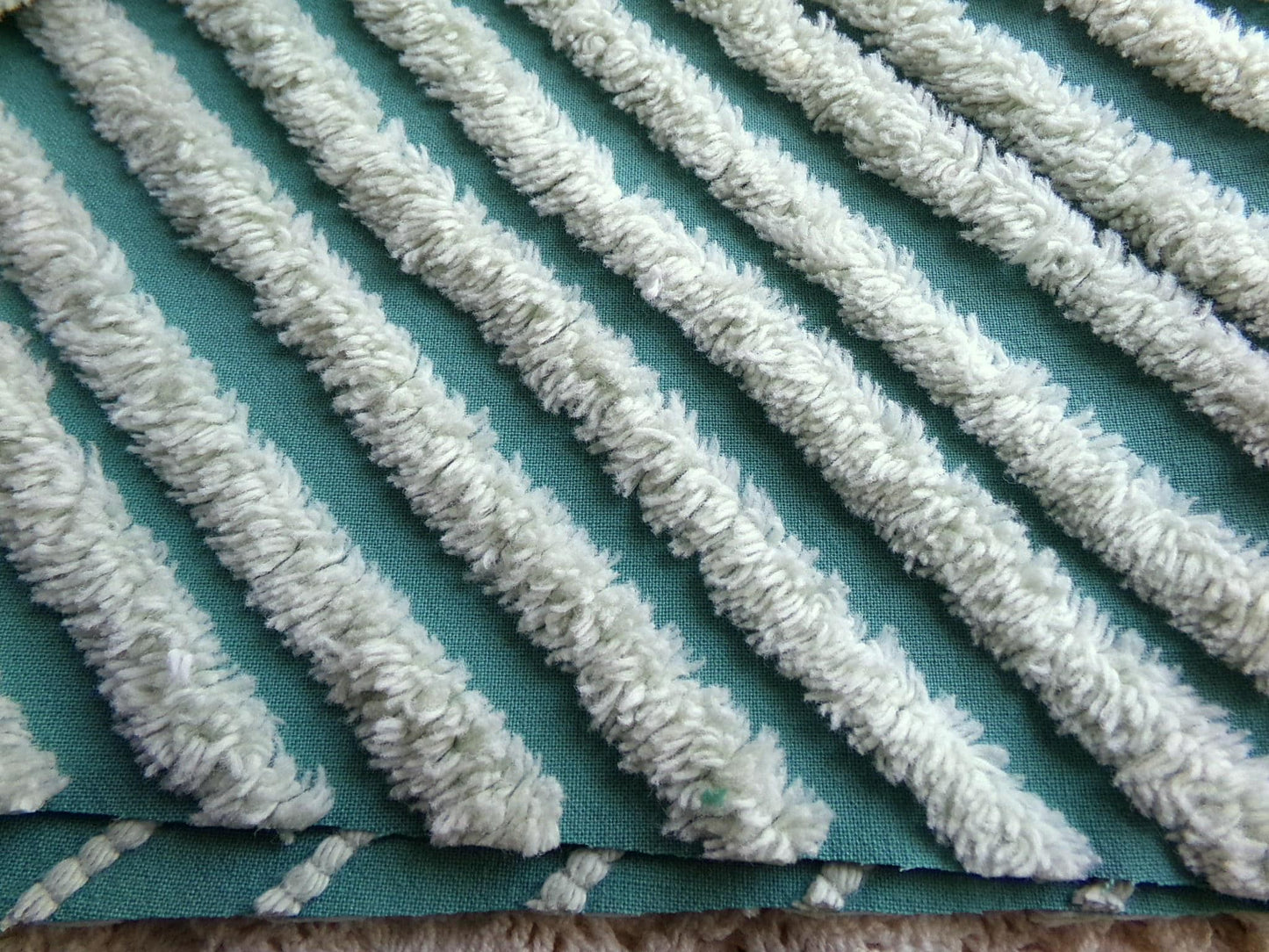 eyecatching plush stripes vintage chenille fabric, tonal green diagonal striped lines, 22" x 25" inch piece of sewing material