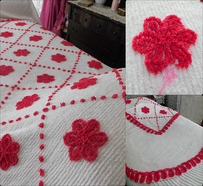 vintage red flower chenille bedspread, white cotton full size bedding