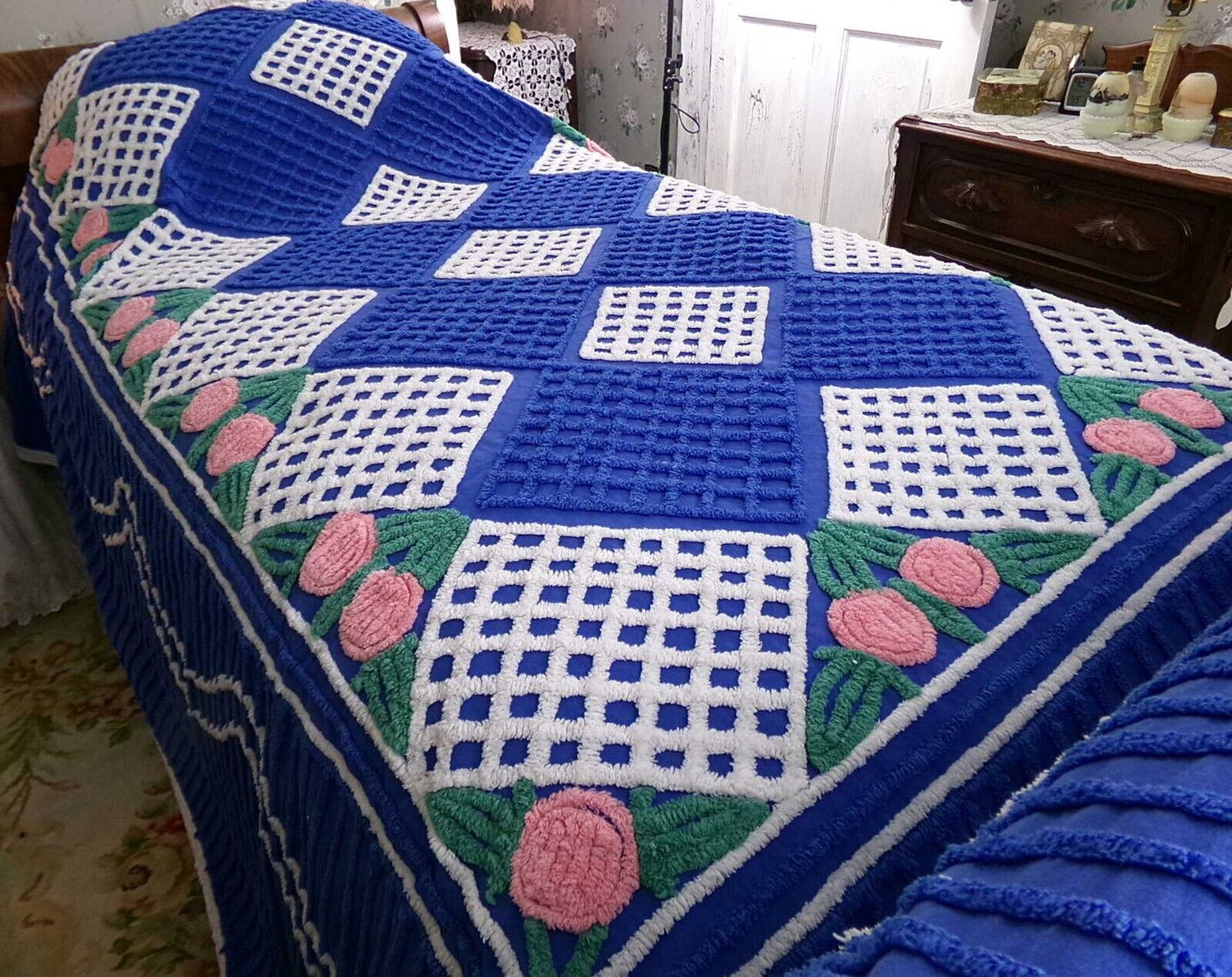 Regal Blue Vintage Chenille Bedspread, Pink Rosettes & White Waffle Tufts, Full Size
