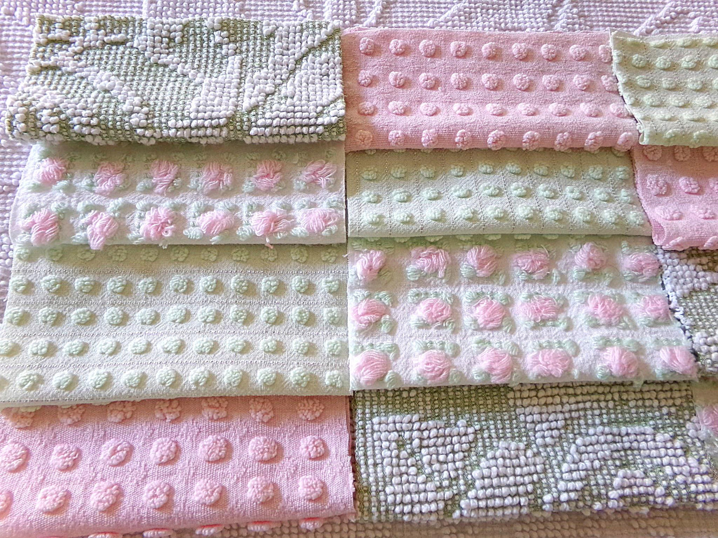vintage pink & green chenille fabric squares, "breath of spring", rotary cut from vintage chenille bedspreads, set of 16 Blocks 6" x 6" inch