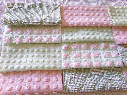 vintage pink & green chenille fabric squares, "breath of spring", rotary cut from vintage chenille bedspreads, set of 16 Blocks 6" x 6" inch