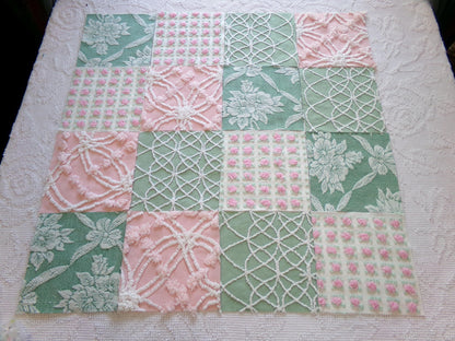 enchanted garden vintage woven & chenille fabric squares, set of 16 pink jade 6" quilt blocks for crafts, sewing, diy pillow covers