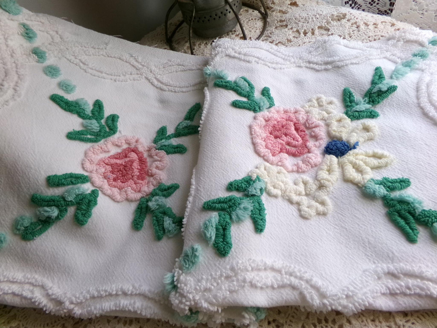 cottage style wildflower vintage chenille fabric, jadeite pops on white cotton, 22" x 23" inch piece of sewing material for quilting, crafts