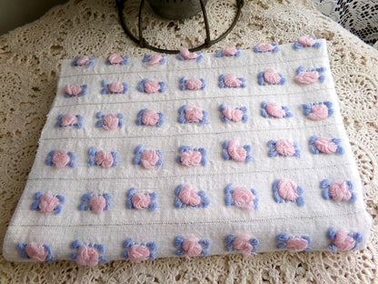 pink rosebud vintage chenille fabric, 20" x 24" inch cut piece of quilt material with tufted roses, blue leaves & shimmer silver lurex