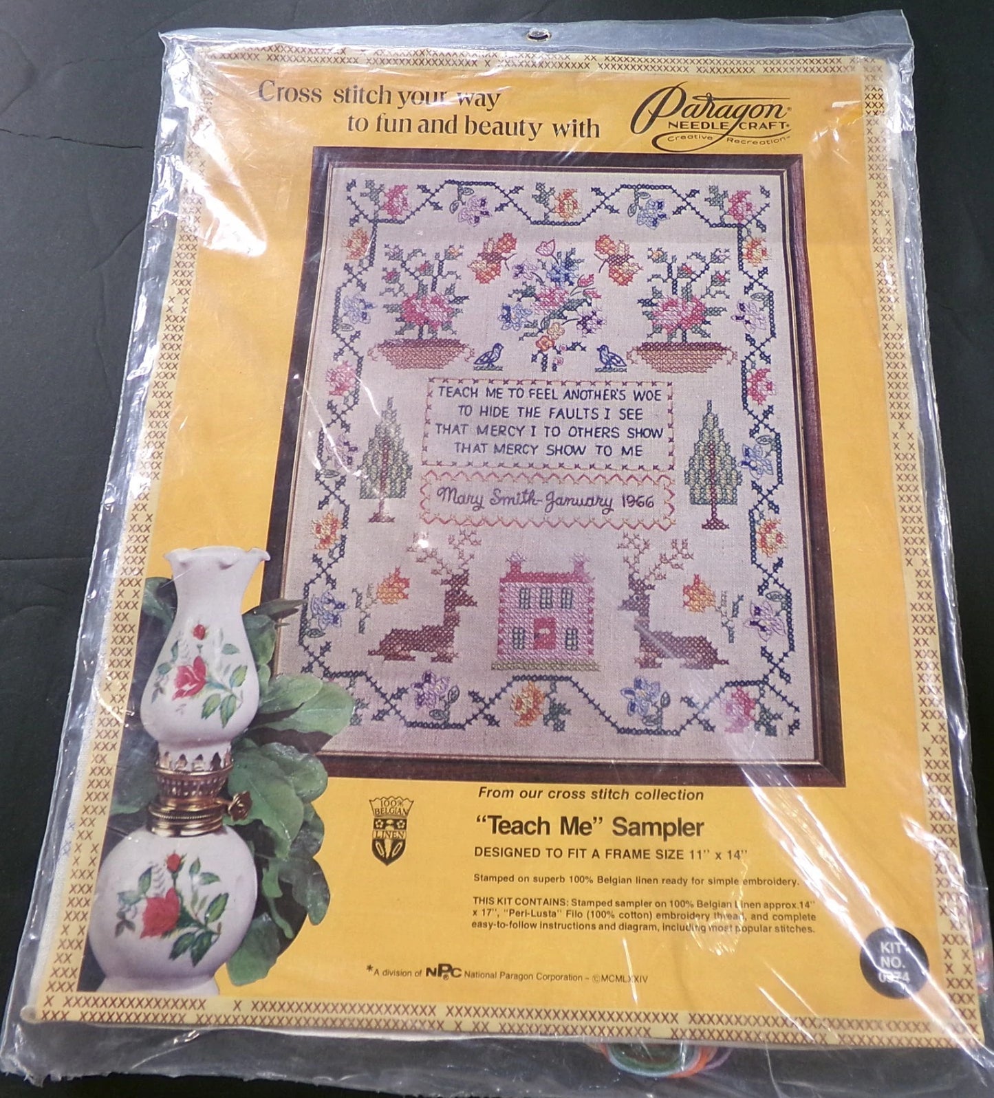 TEACH ME Cross Stitch Sampler Kit Vtg Paragon Needlecraft 0974 Belgian Linen