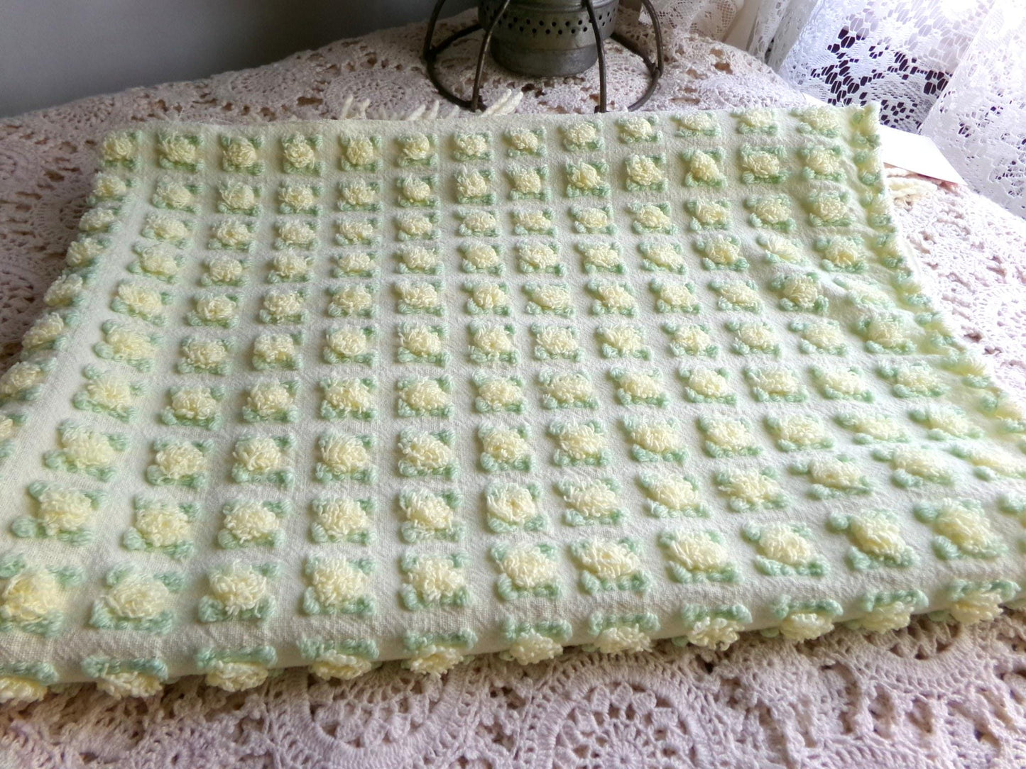 rosebud chenille fabric in radiant lemon chiffon, 18" x 25" piece of vintage quilt material with little yellow rosebuds