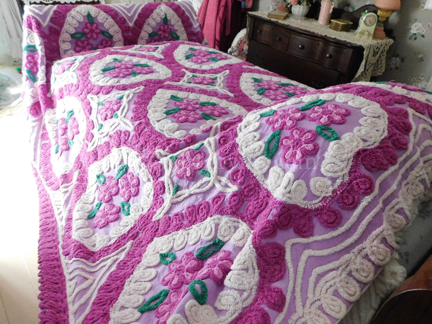 Vintage Chenille Bedspread, Lavender Hearts Hugging Flower Trios in Swirls of Fluffy Tufts, Full Size 1950s Midcentury Design, 100% Cotton