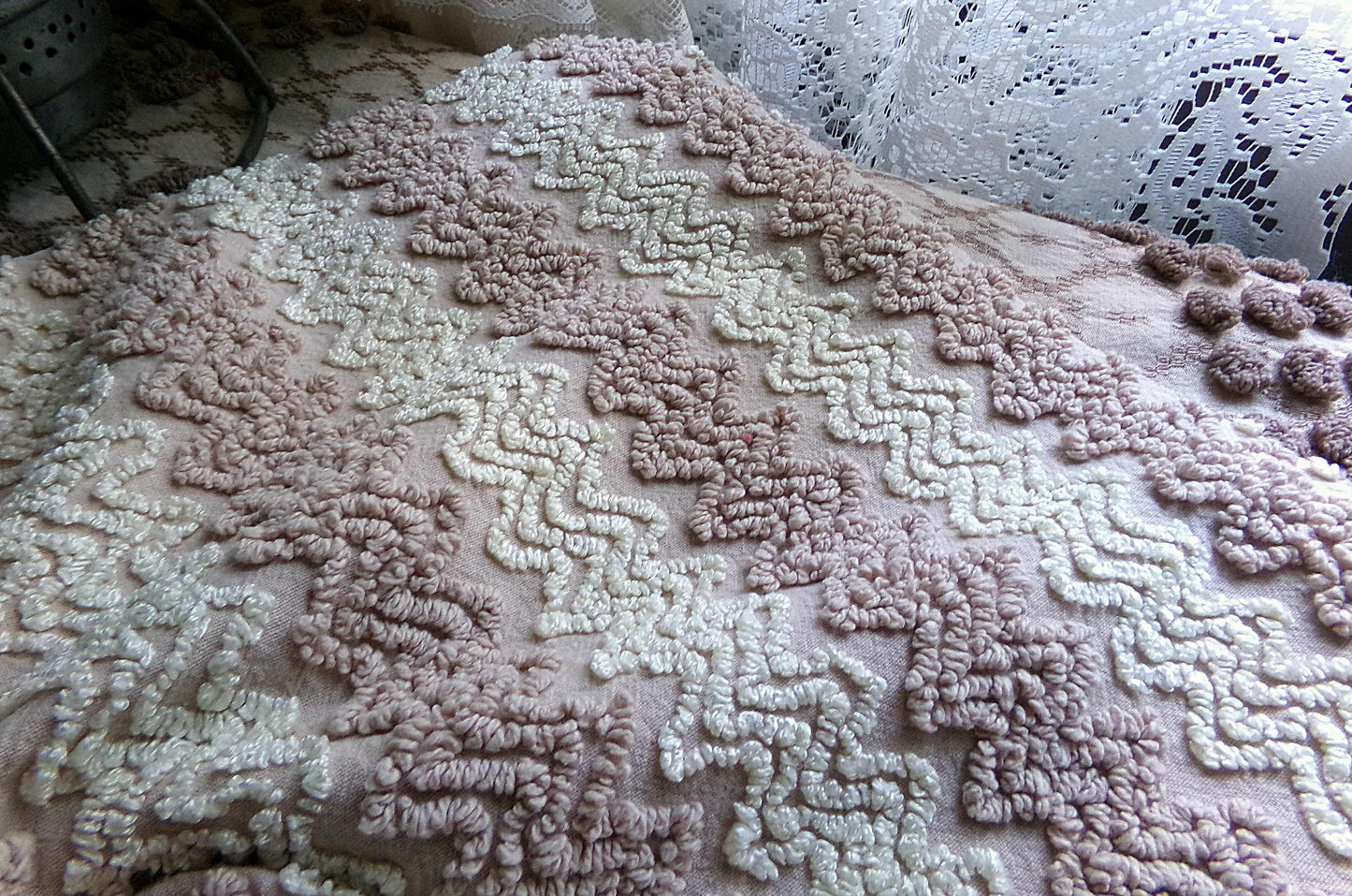 Vintage Chenille Fabric in Toasted Mocha & Vanilla Cream, 19" x 25" inch Piece, Texturized Zig Zags