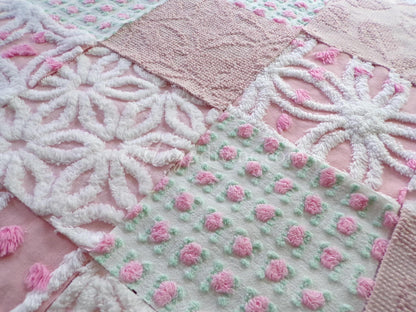 angel pinks vintage chenille fabric squares, rosebuds, daisy patterns, set of 16 quilting blocks, 6" x 6" each, pretty in patchwork pillows