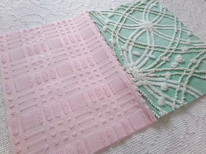 Vintage Chenille Fabric: 2 Pieces Quilt Material 12" x 18" each in Jade Green Tufts & Ballet Pink Dash Dots