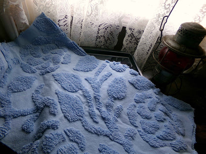 Sculpted Rose Vintage Chenille Quilt Fabric, 28" x 24" inch Piece, Tranquil Dusty Blue Cotton
