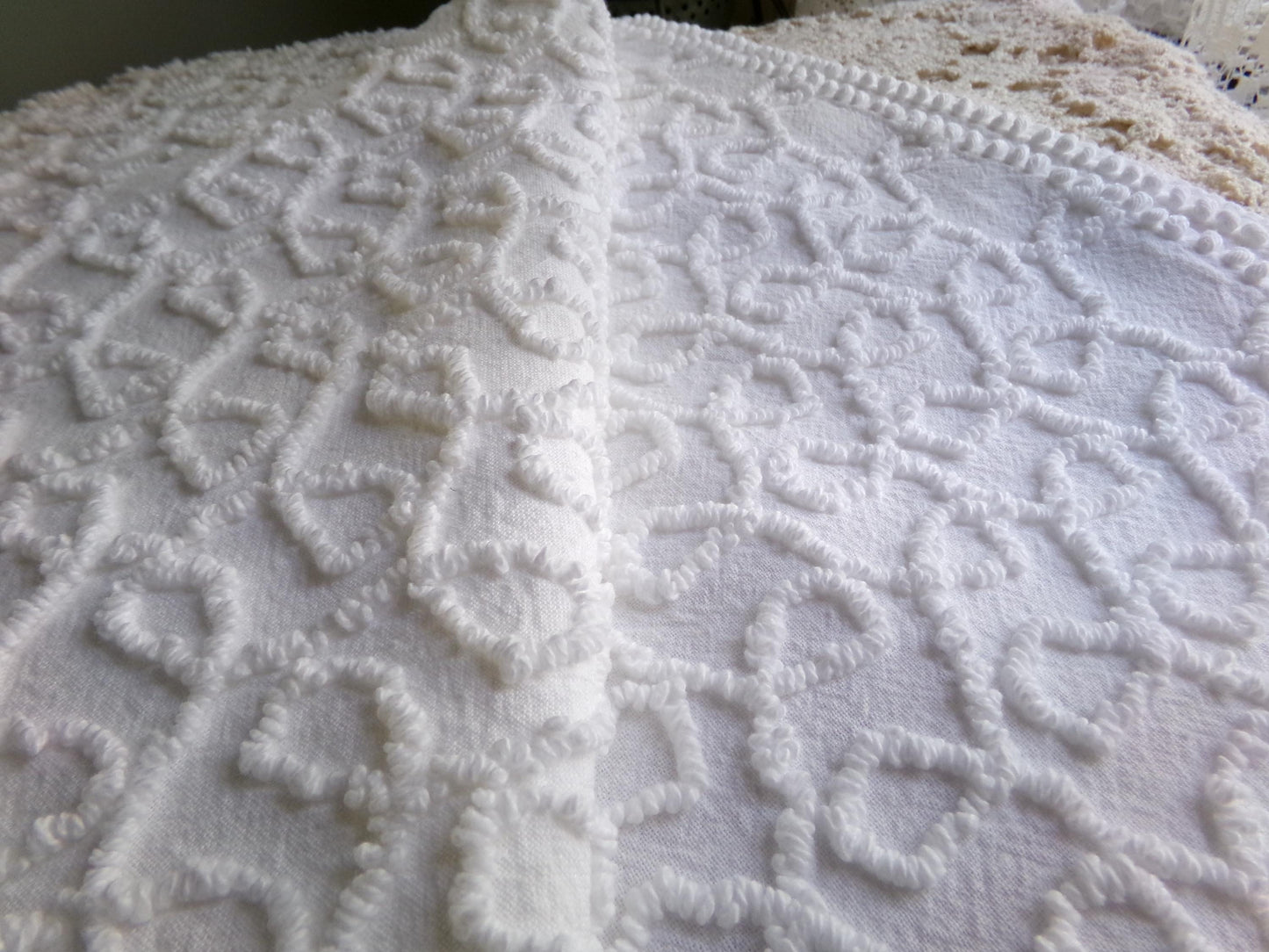 White Cursive Loops Texturized Chenille Material, 19" x 27" inch Needletuft Piece, Neutral Vintage Fabric for Handmade Quilts, DIY Pillows