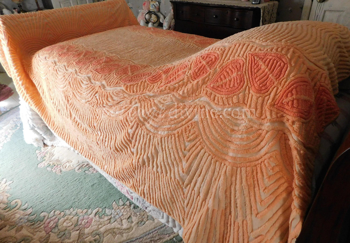 Fancy Falling Leaves Vintage Cozy Peach Chenille Bedspread, 1940s Era Cotton, Twin Size