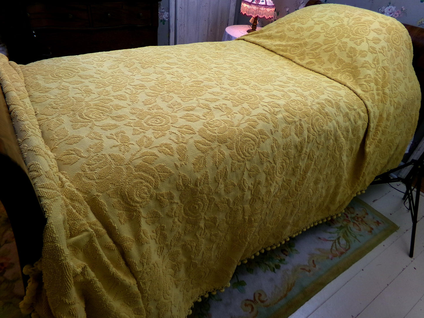 Vintage Chenille Bedspread in Sunflower Honey Golden Blonde | Hobnail Cabbage Rose Woven Texture | On Trend Boho Style Heavyweight Spread