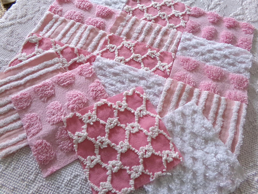 fun pink vintage chenille fabric squares, set of 16 quilt blocks, 6" x 6" inch, textured material ideal for rag quilts & patchwork pillows