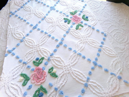 favorite cottage style vintage chenille fabric, pink roses & blue dots, 20" x 27" piece of white sewing material for quilting and crafts
