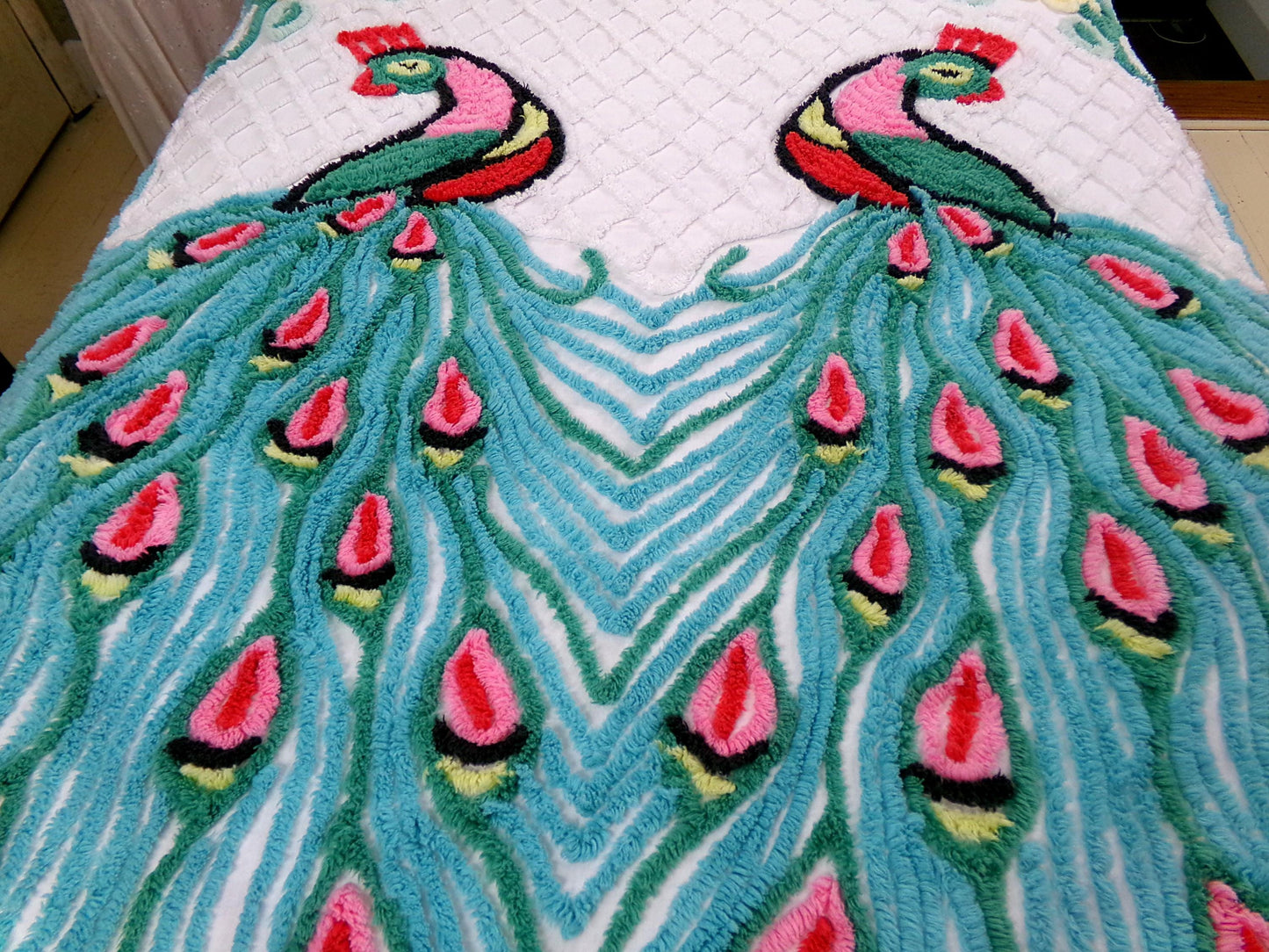 shabby chic peacock vintage chenille bedspread, iconic kitsch lovebird design, white cotton full size bedding