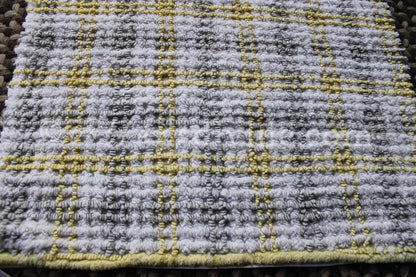 Stormy Grey, Sunny Yellow Plaid Vintage Chenille FABRIC PIECE, 17" x 26" inches, Cabin Crafts Texturized Contrast Needletufting