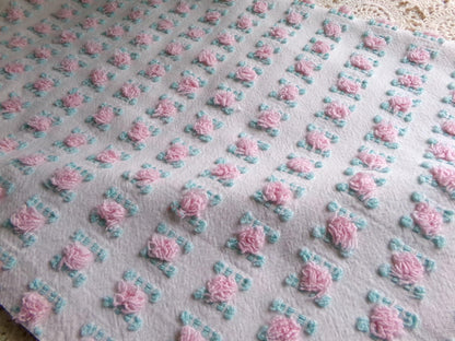 favorite pink rosebud vintage chenille fabric, cottage style sewing & quilt material, 18" x 24" inch piece