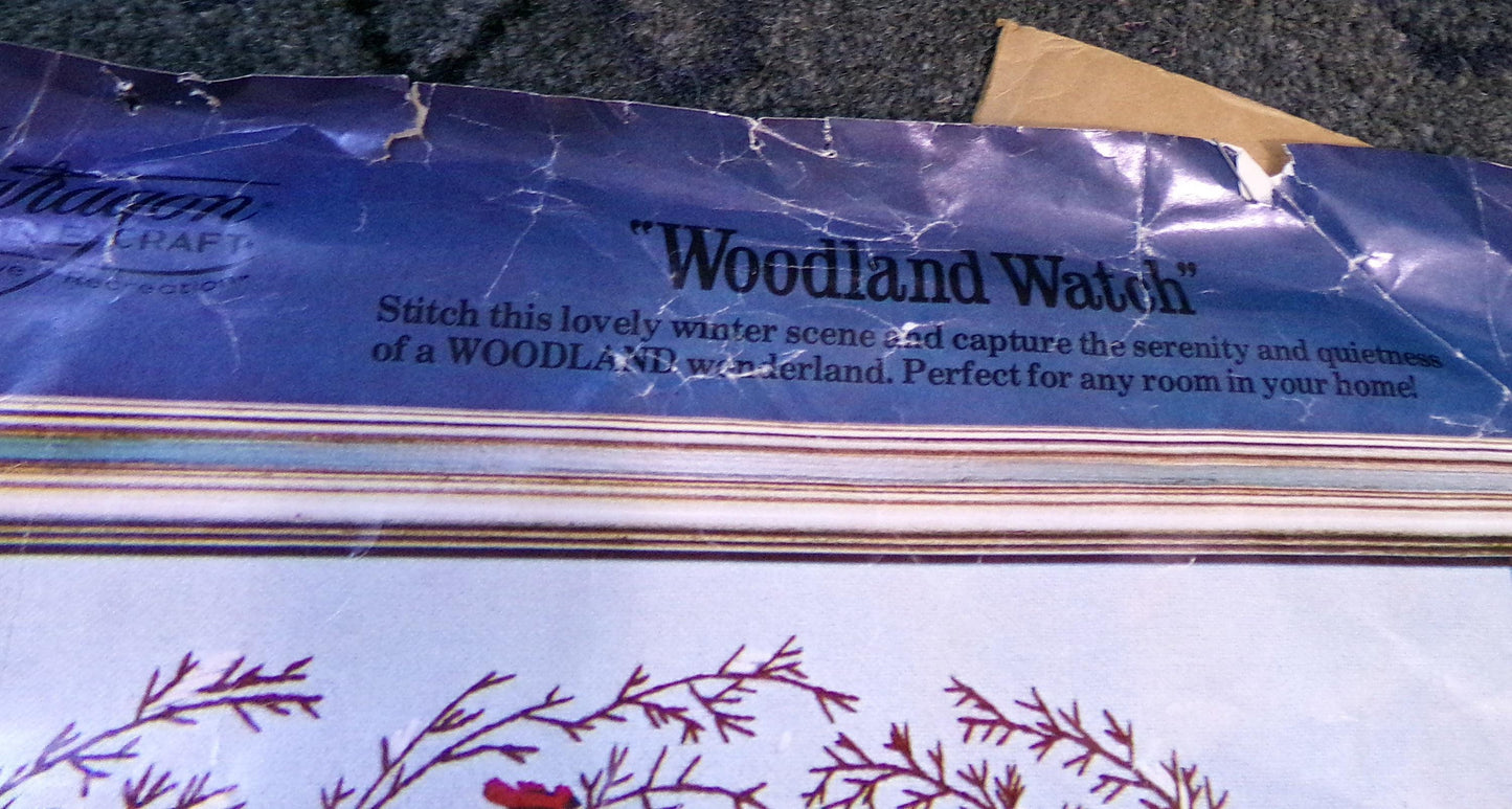 WOODLAND WATCH Vintage Crewel Embroidery Kit, Whimsical Winter Wonderland Nature Scene, Paragon Needlecraft 0615, Polly Gottfried