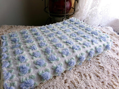 Heavenly Blue Rosebud Vintage Chenille Fabric, Morgan Jones Rose Design, 24" x 18" inch Piece, Angelic Raised Roses on White