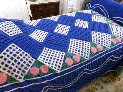 Regal Blue Vintage Chenille Bedspread, Pink Rosettes & White Waffle Tufts, Full Size