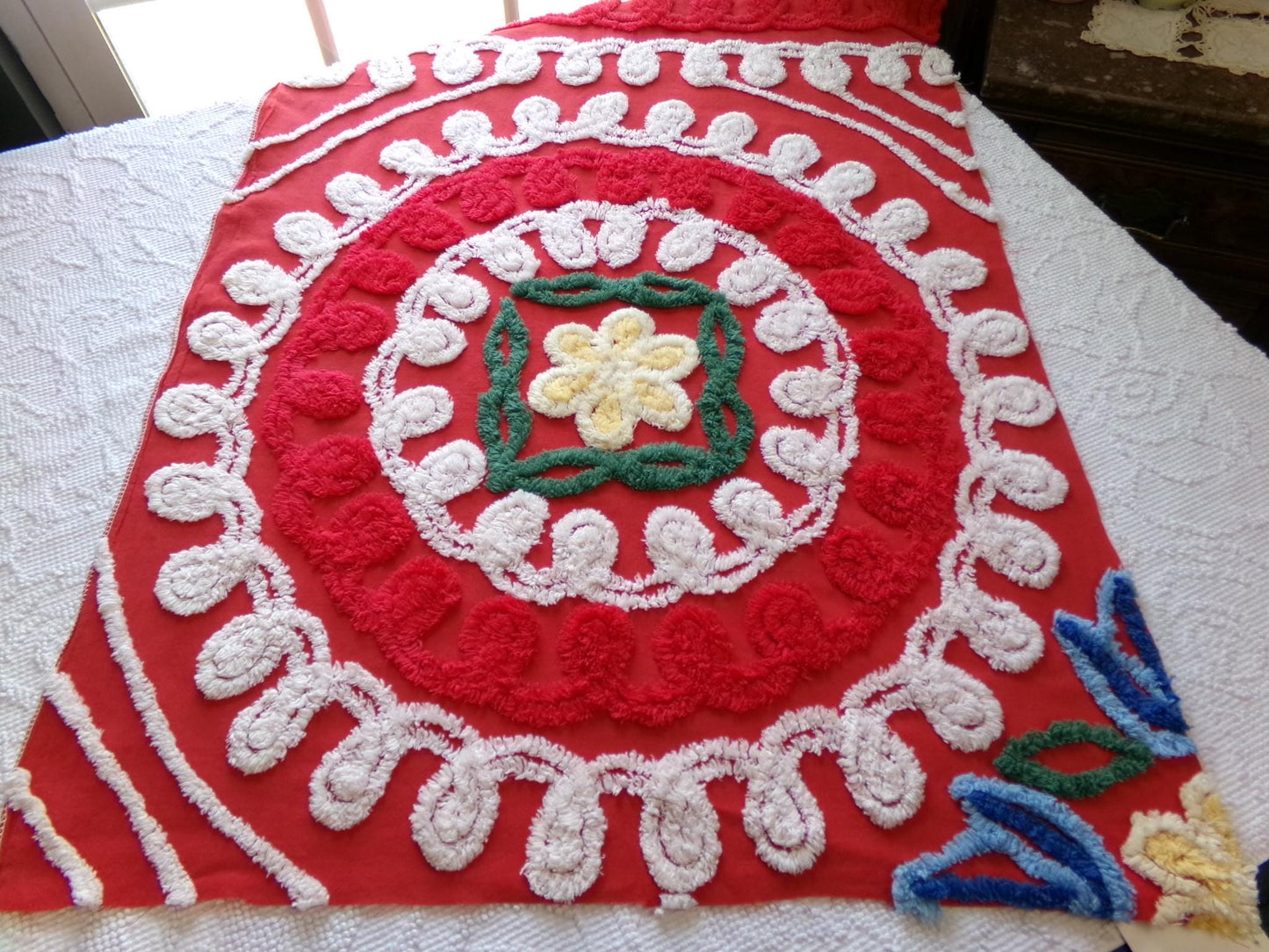 passion red vintage chenille fabric, large circular labyrinth of curlicues, large 32" x 23" cut piece for sewing, wall hanging, quilts