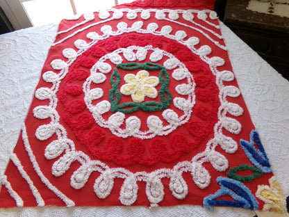 passion red vintage chenille fabric, large circular labyrinth of curlicues, large 32" x 23" cut piece for sewing, wall hanging, quilts