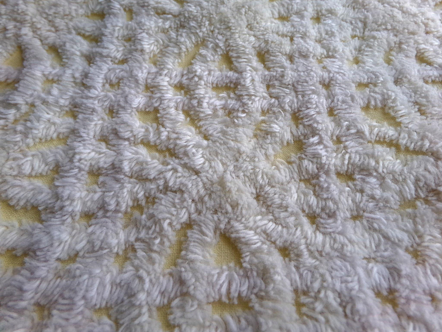 buttercup yellow vintage chenille fabric with thickly tufted spider tufts, 19" x 26" inch piece of quilt material for sewing & crafts