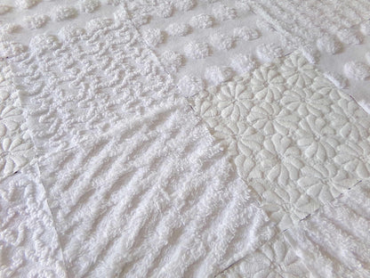 White Fabric Squares Cut from Vintage Woven & Chenille Bedspreads, *Daisies in Snow* Shades of White, 16 Quilt Blocks, 6" x 6" inch each