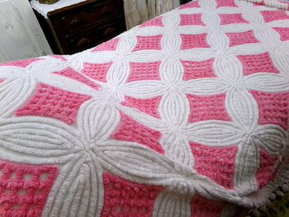 dreamy pink & white vintage chenille bedspread, waffle tufts in swirl flower petal design, pom pom trim, 100% plush cotton full size bedding