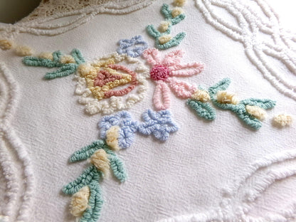 so shabby sweet vintage chenille fabric, needletuft florals with buttercup yellow puffs, 24"x 26" inch piece of quilt & sewing material