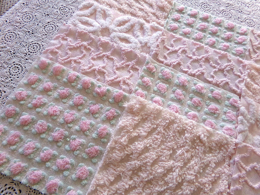 Spring Glow Chenille Quilt Squares Set from Vintage Bedspread Fabric, 16 Blocks, 6" inch ea in pretty daisies, pink rosebuds, peach lattice