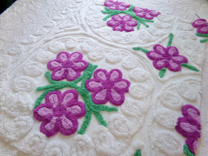 Lilac Garden Blooms Vintage Chenille Fabric, Pretty 22" x 20" Piece of Plush White Cotton Sewing Material Upcycle into Quilts & Crafts