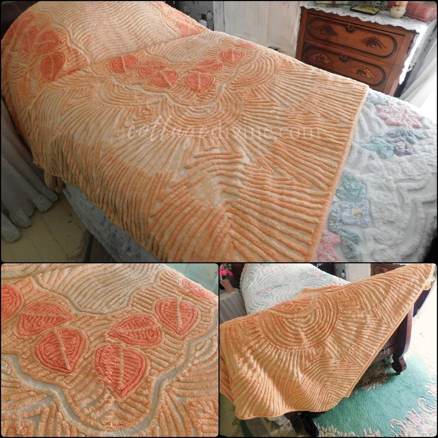 Fancy Falling Leaves Vintage Cozy Peach Chenille Bedspread, 1940s Era Cotton, Twin Size