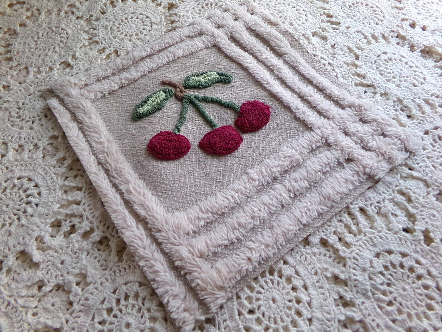 cheery cherry chenille quilt squares, 7.5" vintage fabric blocks, set of 8 in grey, white, maroon