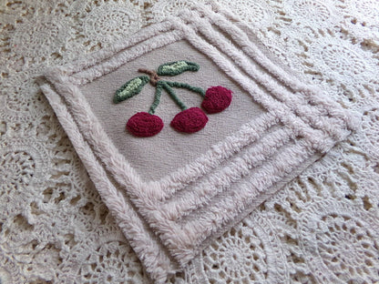cheery cherry chenille quilt squares, 7.5" vintage fabric blocks, set of 8 in grey, white, maroon
