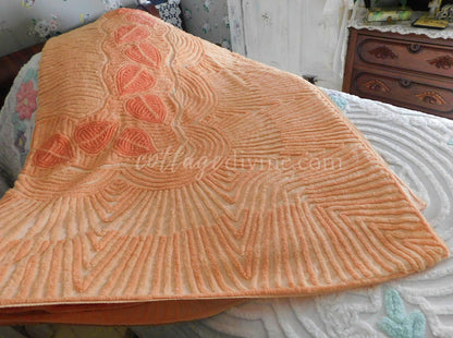 Fancy Falling Leaves Vintage Cozy Peach Chenille Bedspread, 1940s Era Cotton, Twin Size