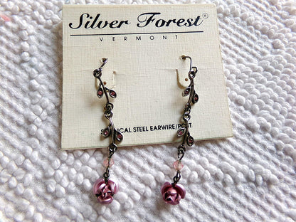 Simple Pink Rose Dangle Pierced Earrings, Vintage Silver Forest Boho Style Jewelry, Dainty Floral With Pink Faux Stones in Little Leaves