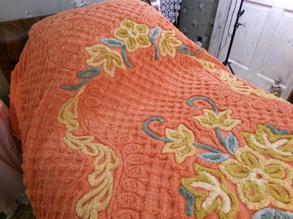 Vivid Orange Floral Vintage Chenille Bedspread, Boxed & Fitted Design, Full Size